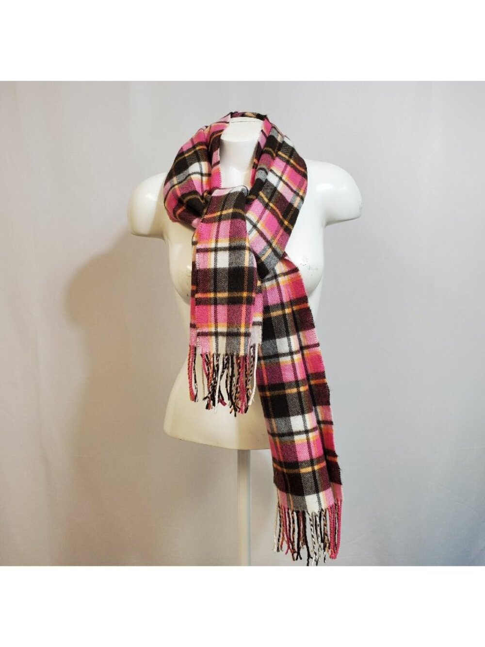 Pink Plaid 100% Cashmere Scarf 62" X 12" Made in England Fringed